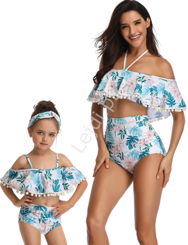 Bikini dla mamy i córki - hiszpanka z pomponikami z wysokim stanem