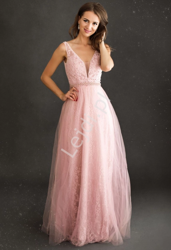 Brudno różowa sukienka na wesele  koronkowa z perełkami 208