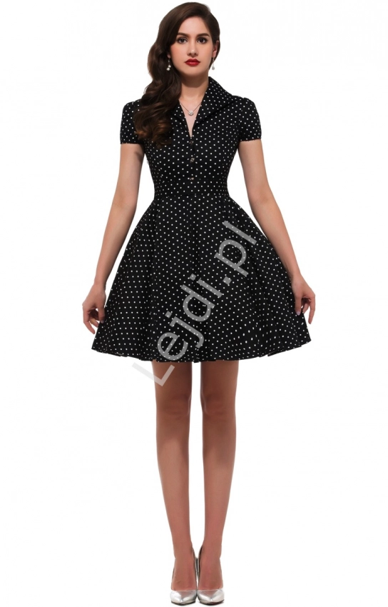Czarna rozkloszowana sukienka w drobne białe kropki, pin up na wesele 6089-9