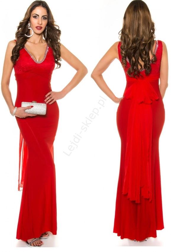 Czerwona długa suknia z koronka i szyfonową szarfą z tyłu| Janina Youssefian