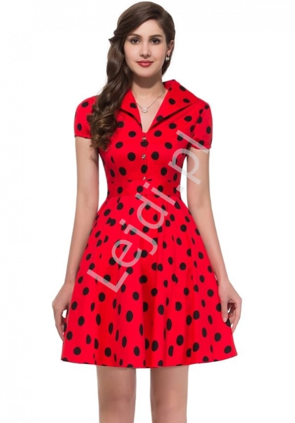 Czerwona rozkloszowana sukienka w czarne duże kropki, pin up na wesele 6089-4