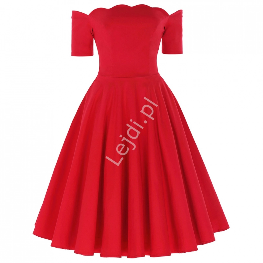 Czerwona sukienka pin-up z falistym dekoltem - carmen style