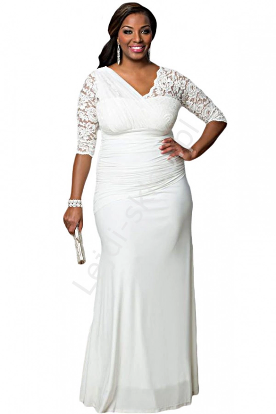 Długa biała suknia z asymetryczną koronką | białe Plus Size