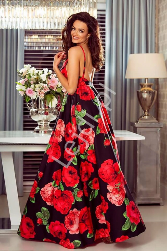 Długa czarna sukienka w czerwone kwiaty  - Megi