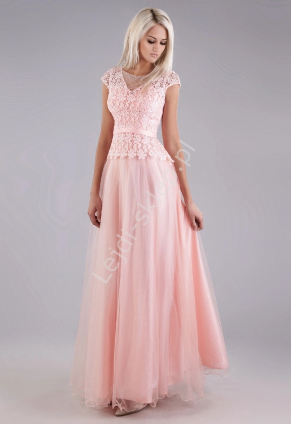 Długa jasno różowa suknia z gipiurowa koronką dla mamy, dla druhen, wieczorowe 9073