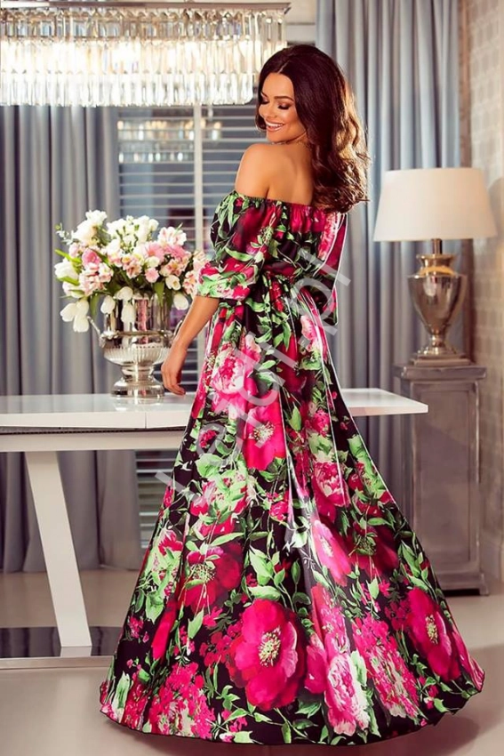 Długa sukienka Hiszpanka w różowo fuksjowe kwiaty Klara