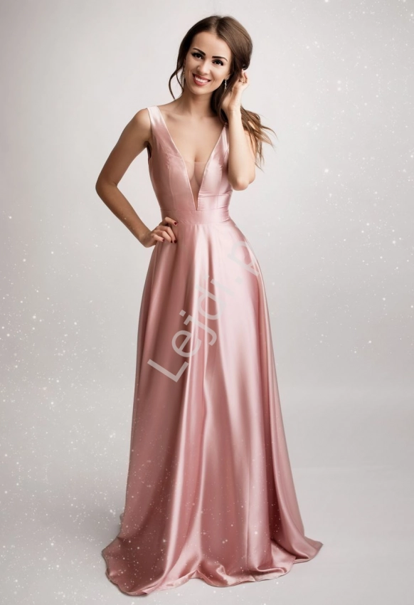 Długa suknia wieczorowa o metalicznym różowym połysku 2180 , ostatnia sztuka