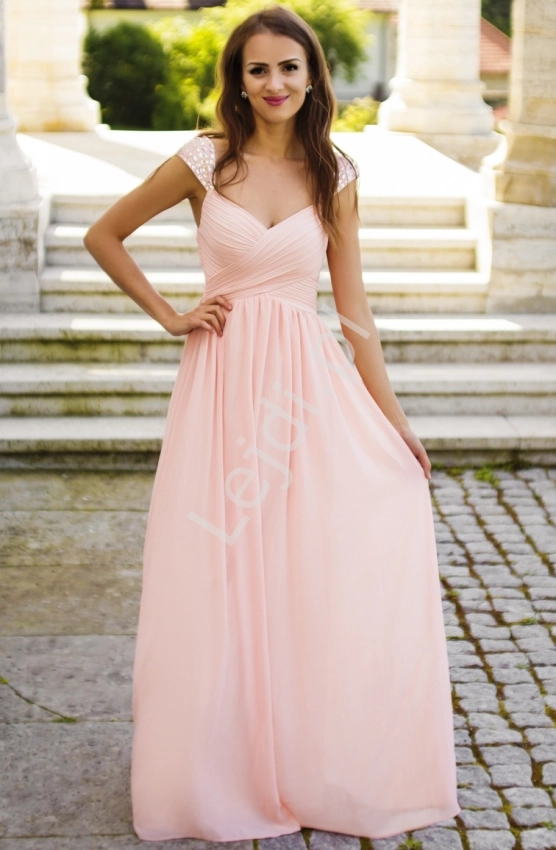 Długa suknia z plisowaniem na biuście i kryształkami na ramionach, w stylu greckim na wesele, bal maturalny