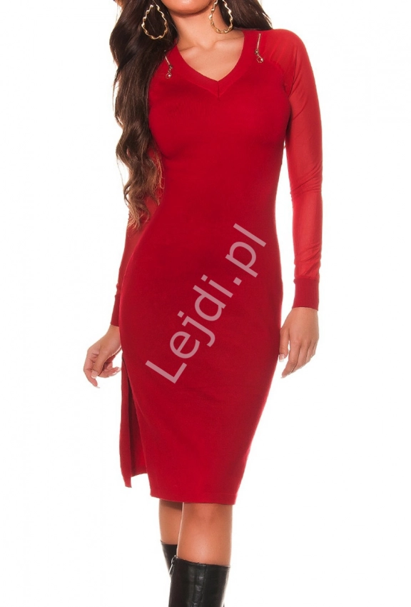 Dzianinowa sukienka z rozcięciem na nodze, czerwona 8711 -2