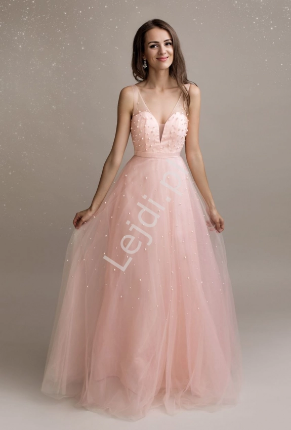 Jasno różowa suknia tiulowa z sztucznymi perłkami na tiulu 2193