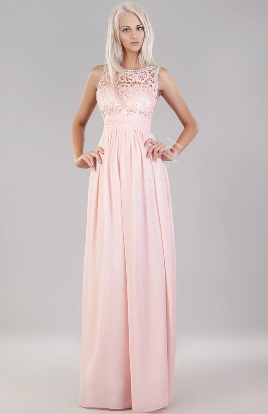Jasno różowa suknia z kryształkami i gipiurową koronką