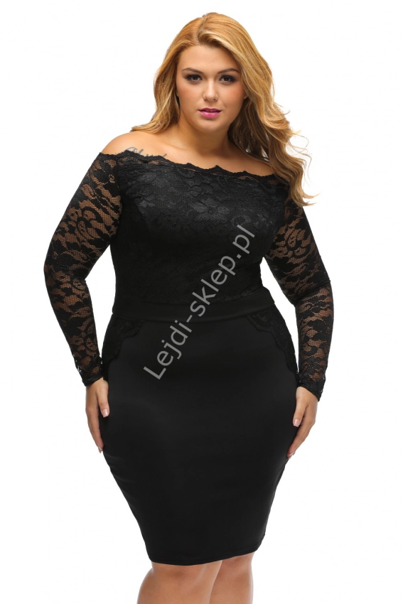 Koronkowo dzianinowa czarna sukienka Plus Size z dekoltem typu carmen  901
