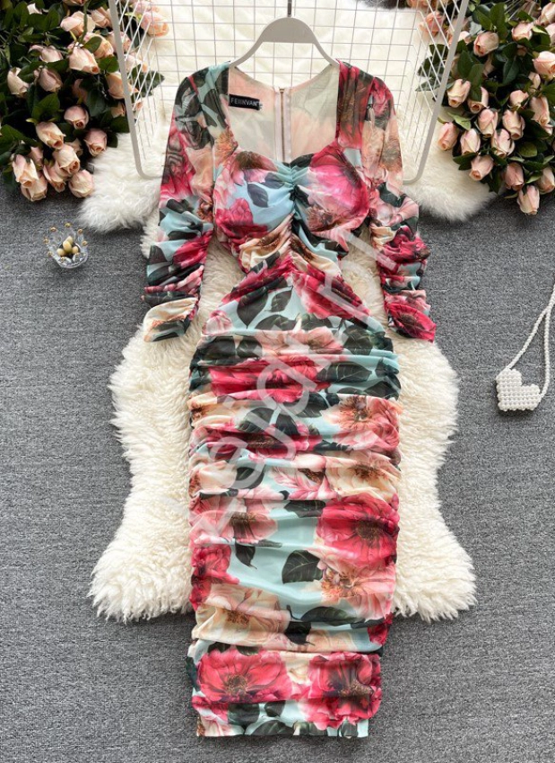 Ołówkowa sukienka midi w kwiatowy kolorowy wzór 61002