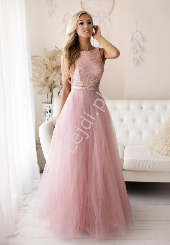 Pastelowo różowa sukienka na wesele z cekinami ,  2240