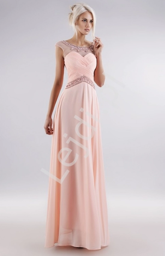 Pastelowo różowa suknia z kryształkami z drapowanym gorsetem