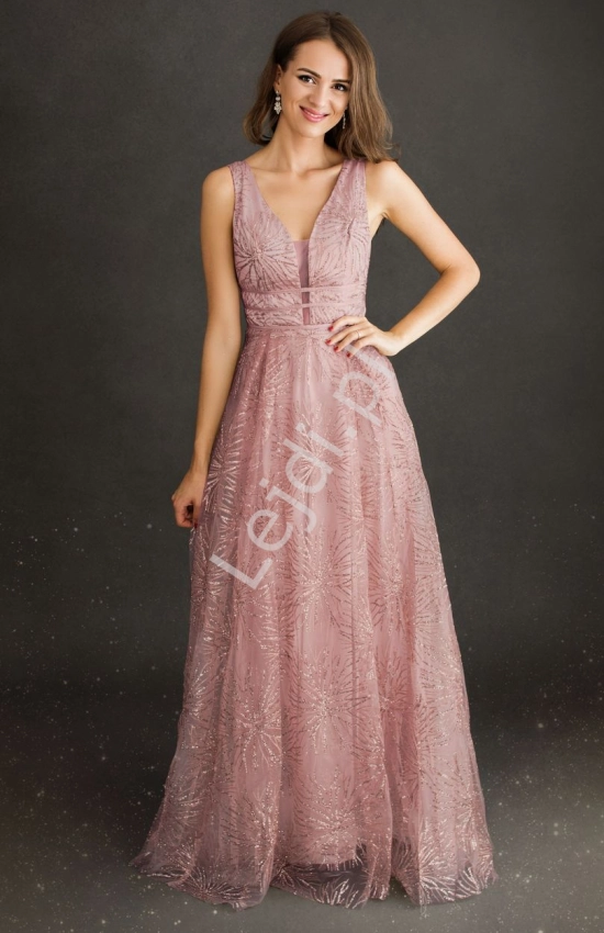 Pudrowo różowa sukienka wieczorowa w brokatowy kwiatowy wzór 2214