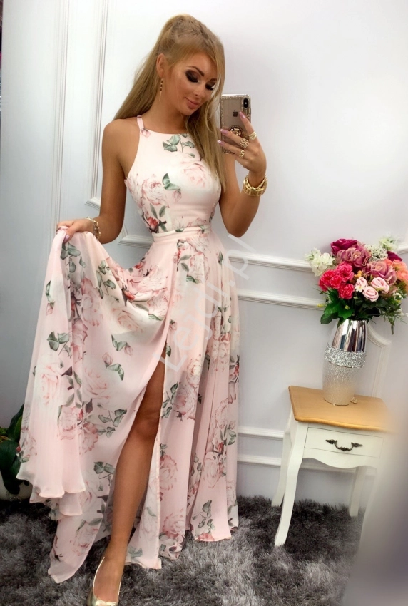 Różowa długa sukienka w kwiaty z zwiewnego materiału - Lanciano