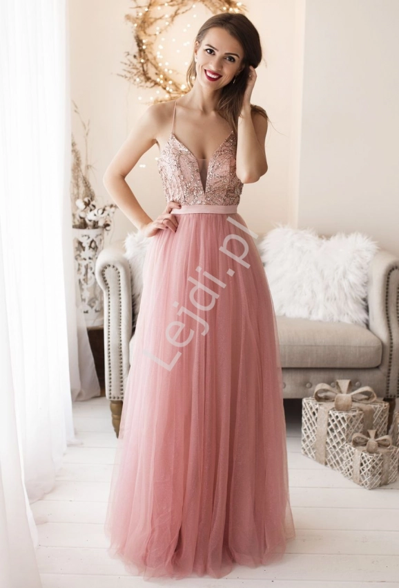 Różowa połyskująca sukienka tiulowa z brokatem 2236