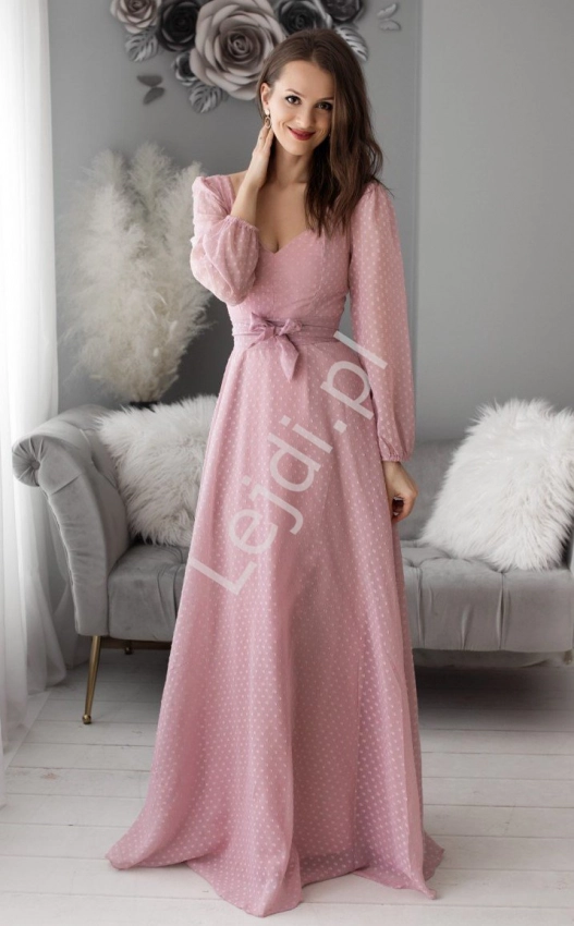 Różowa przepiękna szyfonowa sukienka wieczorowa w groszki 1415