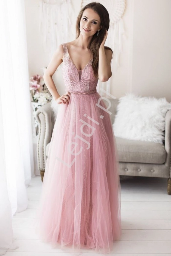 Różowa zachwycająca suknia wieczorowa zdobiona brokatem i sztucznymi perełkami 2185