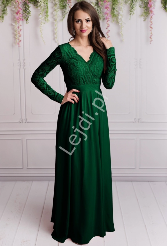 Butelkowo zielona długa szyfonowa suknia wieczorowa z długim koronkowym rękawem 