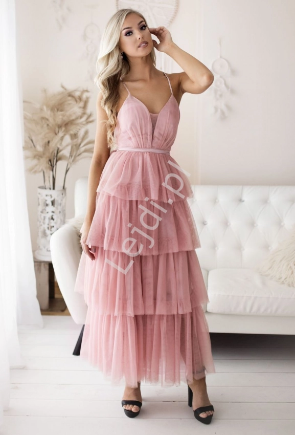 Sukienka tiulowa maxi z falbanami, pudrowy róż 2249