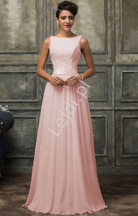 Suknia dla druhny jasno różowa z gipiurową koronką 