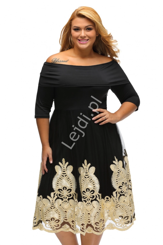 Tiulowa czarna elegancka sukienka z beżowymi haftami na tiulu, Plus Size 364