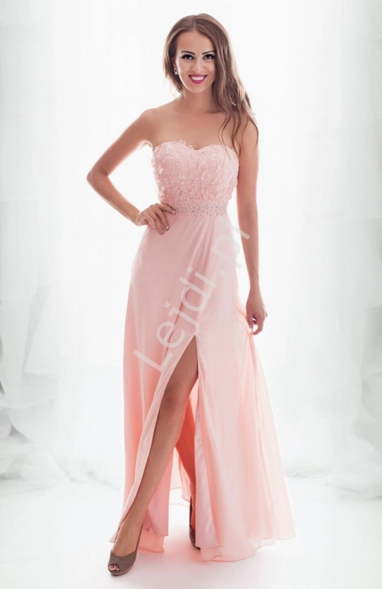 Wieczorowa suknia dla druhny, na wesele, na studniówkę, jasno różowa długa 2141 