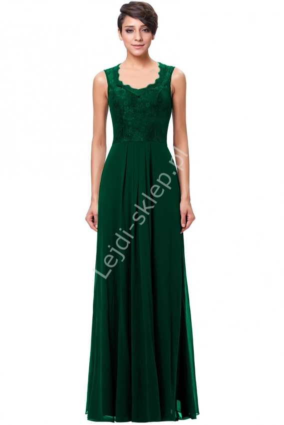 Zielona szyfonowa skromna suknia z koronką | dla mamy, świadkowej