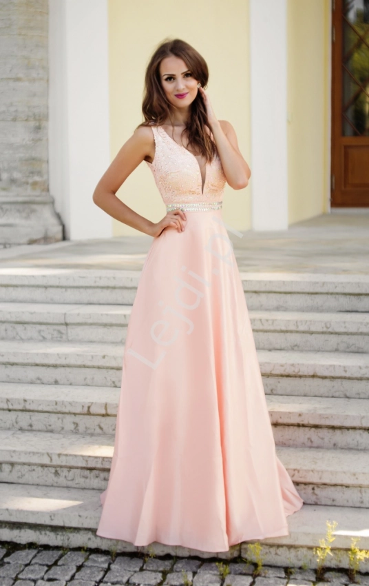 Zjawiskowa długa różowa suknia z gipiurową koronką na złotej podszewce, długa wieczorowa, 2069